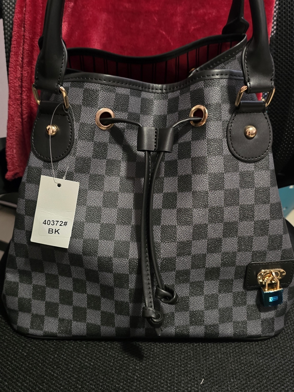 Stylish Black Check Drawstring Bucket Bag
